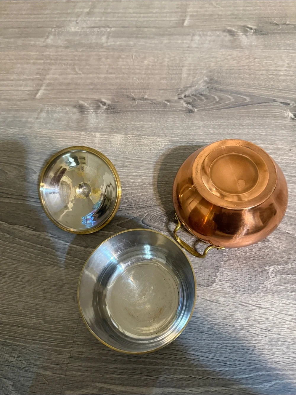 Sarna Etched Brass Bowl and Copper and Brass Handi Handled Pot  3 pieces Lot